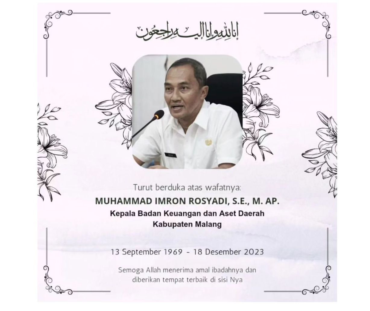 Ucapan belasungkawa atas meninggalnya Kepala BKAD Kabuapten Malang (dok. Instagram BKAD Kabupaten Malang)