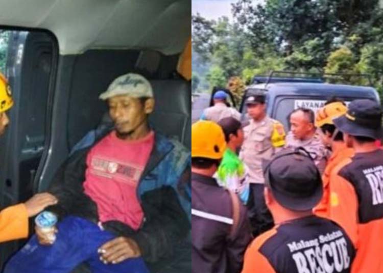 (Kiri) Kondisi Setyawan saat dievakuasi - (Kanan) Personel gabungan tim pencari orang hilang (blok-a.com)