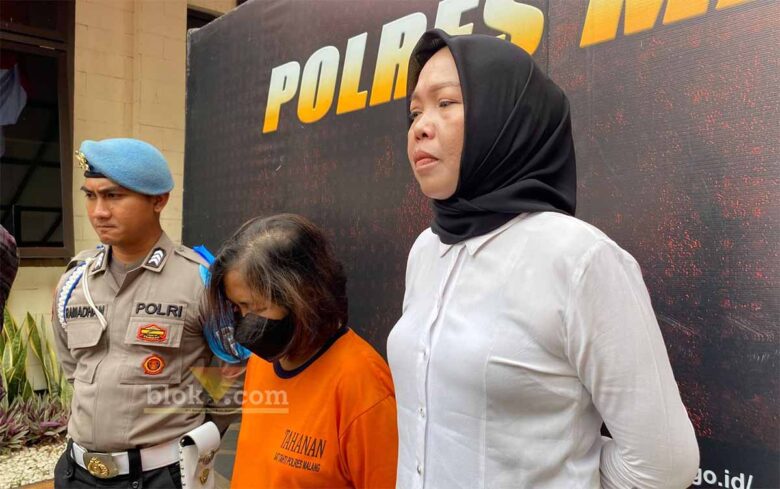 Tampang Evi Wijayanti pelaku perampokan dan pembunuhan di Pakis, Kabupaten Malang saat pers rilis di Mapolres Malang (blok-a.com/ Putu Ayu Pratama S)