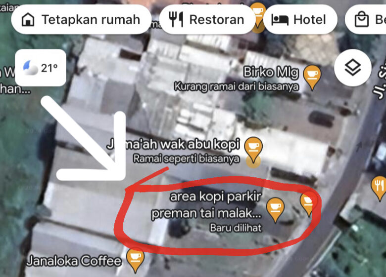 Google Maps Area Kopian di Kota Malang Diganti Jadin Area Preman Tukang Malak