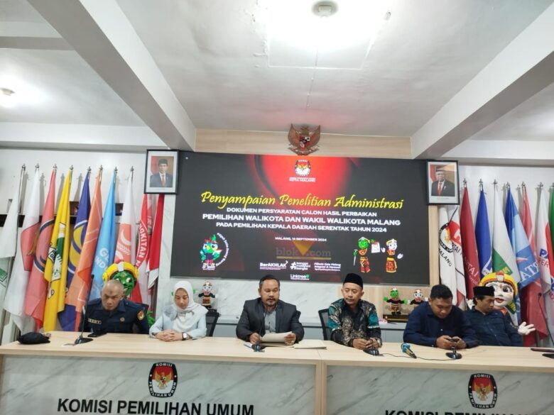 Ketua KPU Beserta Jajarannya dan perwakilan Bawaslu Kota Malang ketika menyampaikan hasil verifikasi administrasi bapaslon (blok-a / Yogga Ardiawan)