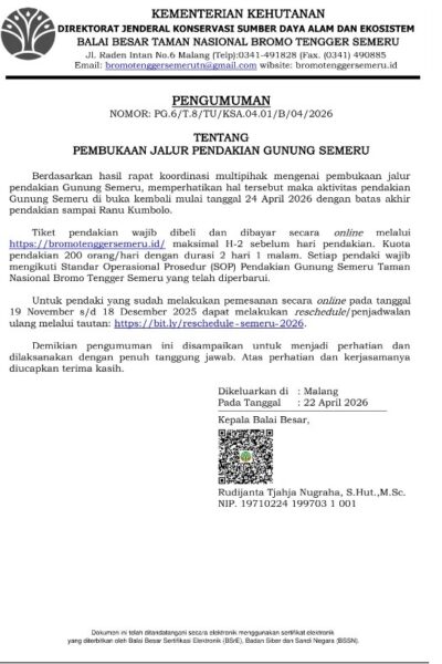 Pendakian Gunung Semeru Dibuka Lagi Sampai Ranu Kumbolo, Kuota Hanya 200 Orang