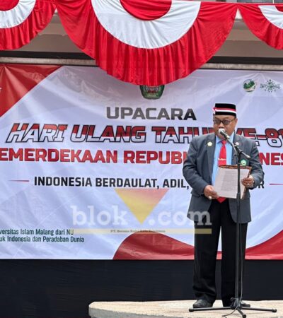 Rektor Unisma, Prof Junaidi saat menyampaikan amanat dalam Upacara HUT Kemerdekaan ke-81 RI. (blok-a.com/ M Berril Labiq)
