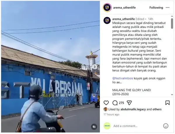 Unggahan akun @arema_uthenlife terkait isu timpa mural (foto: screenshot Instagram/@arema_uthenlife)