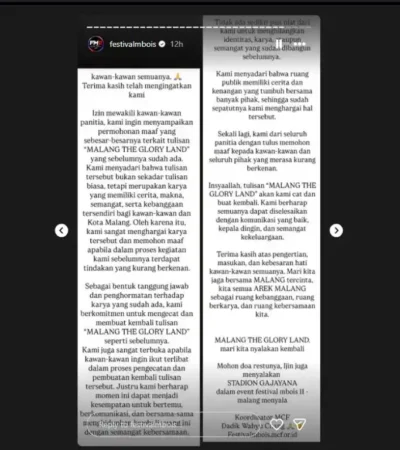 Tangkapan layar permintaan maaf tertulis dari panitia Festival Mbois (foto: instagram/@festivalmbois)