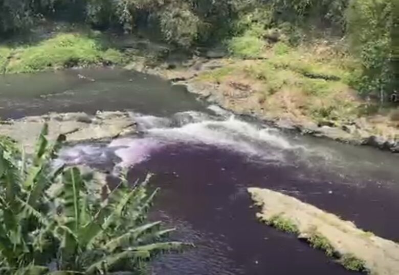 Air Sungai Brantas di kawasan Mergosono Gang 5, Kota Malang, mendadak berubah warna menjadi ungu (foto: istimewa)